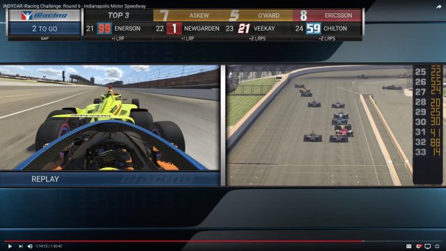 A screenshot of the IndyCar racing broadcast