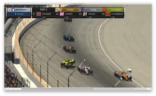 A screenshot of the IndyCar racing broadcast