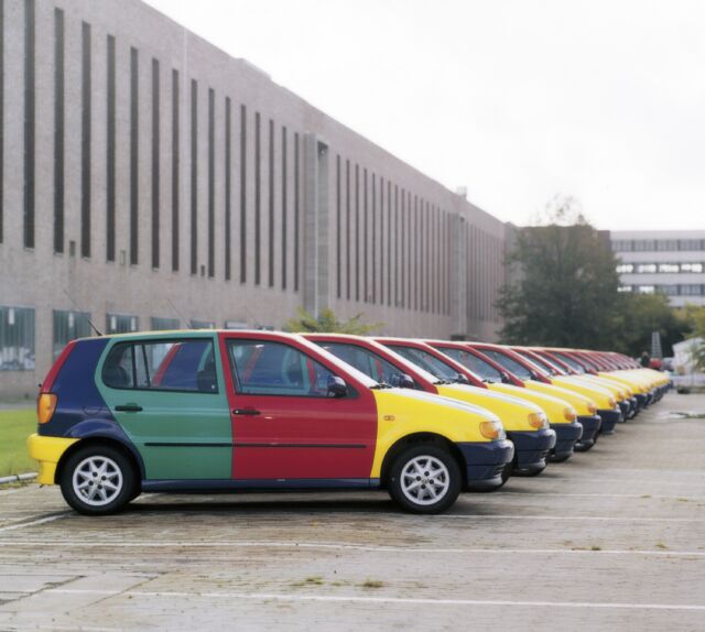 VW made 3,100 of these multicolored Polo Harlequins. Each one started life on the production line as one of the four individual colors, before panels started being swapped. You'll have to read <em>Boring Car Trivia</em> to find out how you can tell what that starting color was.