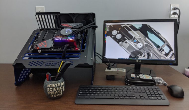 Intel's shiny new 5.3—ish, maybe, but probably not—GHz CPU is seen here running on a Gigabyte AORUS Z490 Master board, on a Praxis wetbench chassis, with the excellent NZXT Kraken fluid cooler.