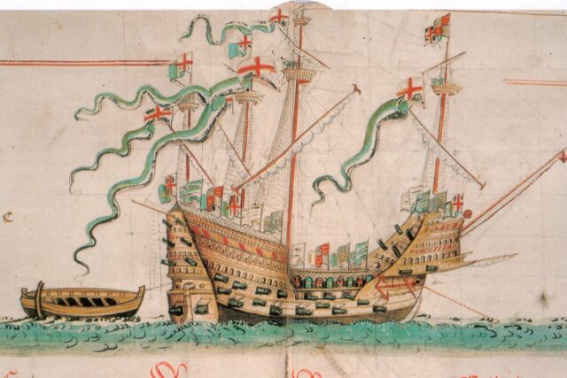 The Mary Rose as depicted in the Anthony Roll, a record of ships of the English Tudor navy of 1540. 