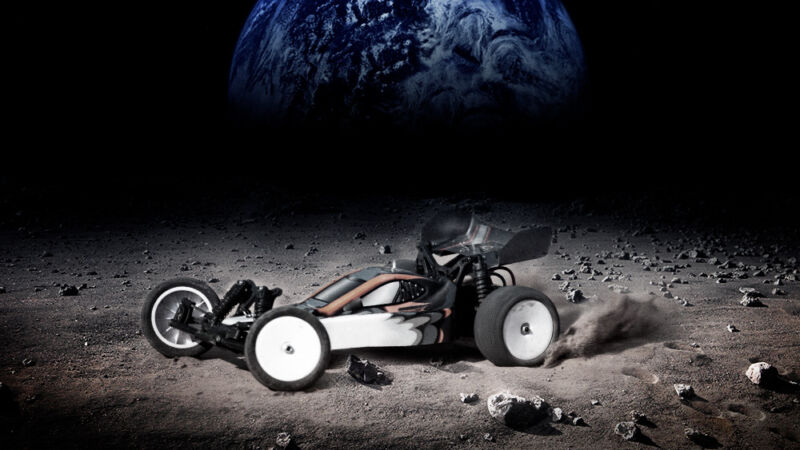 Photoshopped image of model race car tearing across lunar surface.