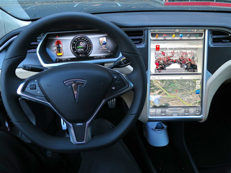 Steering wheel and infotainment center for a Tesla automobile.