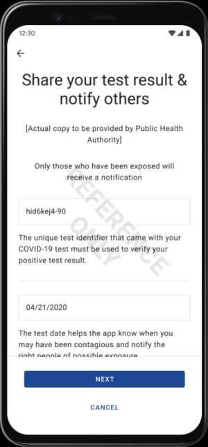 Screenshot of smartphone with contact-tracing app.