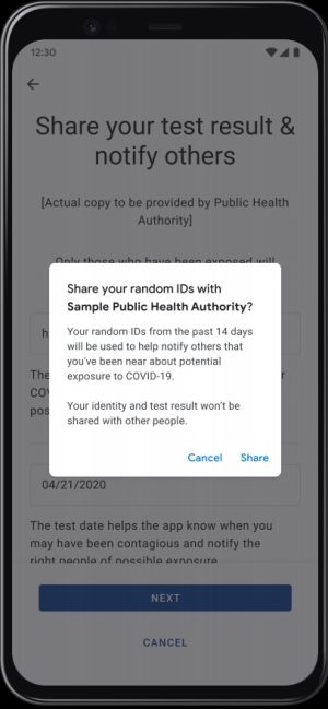 Screenshot of smartphone with contact-tracing app.