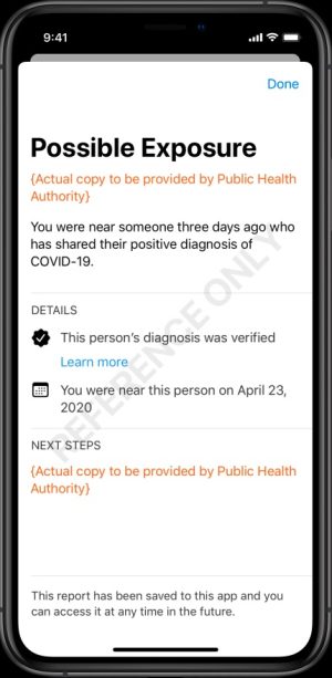 Screenshot of smartphone with contact-tracing app.