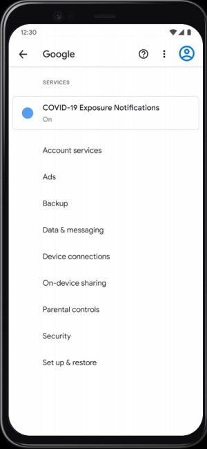 Screenshot of smartphone with contact-tracing app.