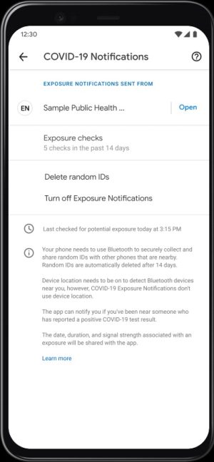 Screenshot of smartphone with contact-tracing app.