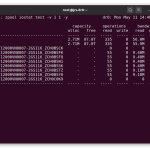 If we want to get fancy, we can use zpool iostat instead of plain ol' iostat&mdash;but it shows us the same thing; RAIDz2 lighting up six of eight disks to read our 1MiB record off-cache over and over again.