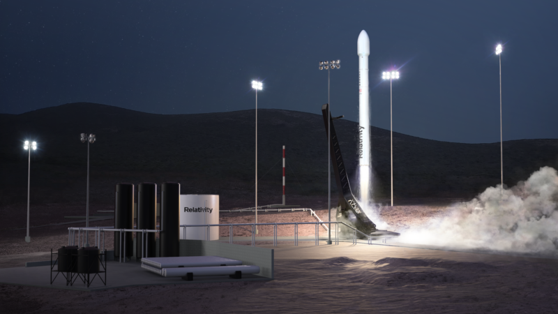 Illustration of a rocket about to launch at night.