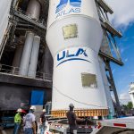 A Centaur upper stage is hoisted atop the Atlas V rocket for the Mars mission.