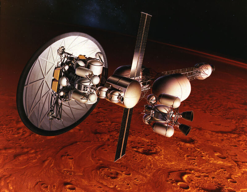This 1960s concept illustrates a nuclear-thermal rocket with an aerobrake disk as it orbits Mars.