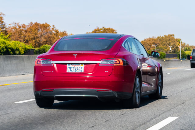 A Tesla Model S driving on the freeway in Silicon Valley.