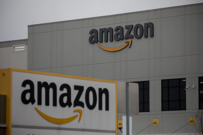 Amazon.com Inc. signage is displayed in front of a warehouse in the Staten Island borough of New York, US, on Tuesday, March 31, 2020.