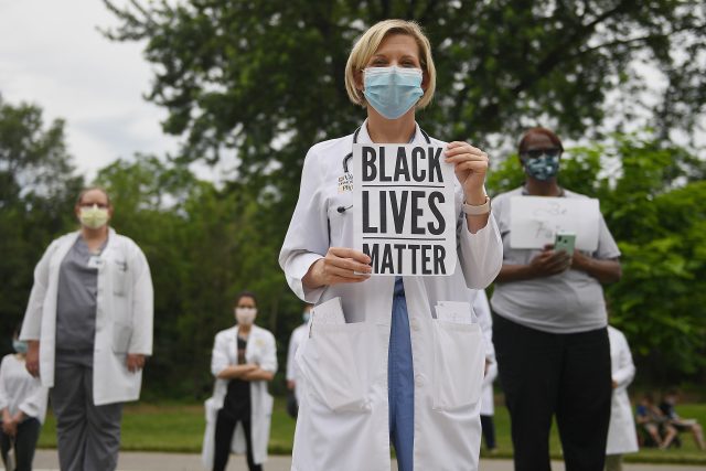 Several hundred doctors, nurses, and medical professionals come together to protest against police brutality and the death of George Floyd on June 5, 2020 in St Louis, Missouri.