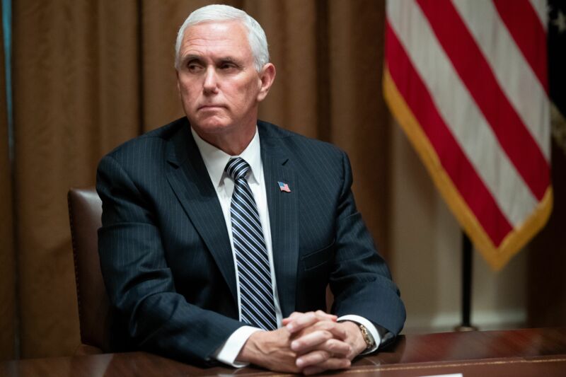 US Vice President Mike Pence having a facial expression during a roundtable meeting on seniors with US President Donald Trump in the Cabinet Room at the White House in Washington, DC, June 15, 2020.