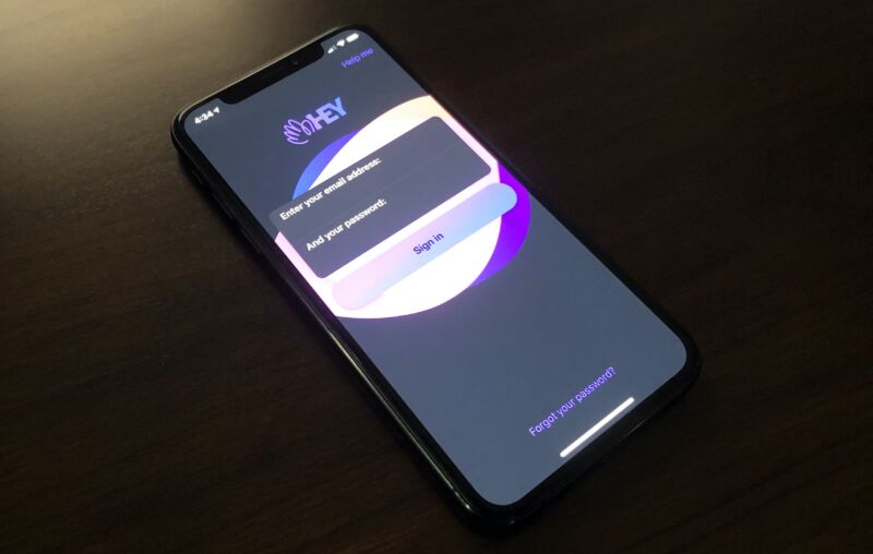 The login screen for Hey on an iPhone XS.