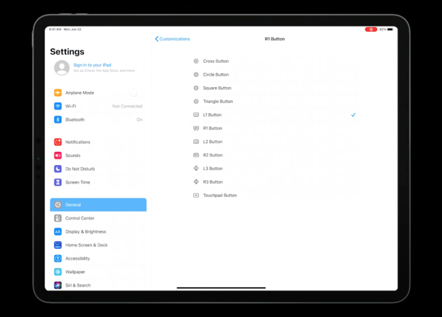 Settings panel for controller inputs