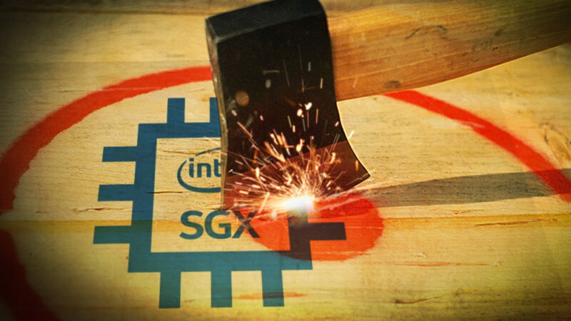   Un hacha golpea un trozo de madera con el logotipo de Intel. 