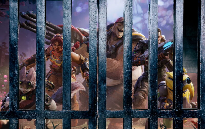 Tough-looking video game characters are trapped behind prison bars.