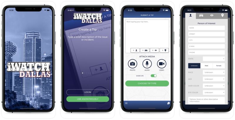 Screenshots of the iWatch Dallas iPhone app, which lets users submit tips to police.