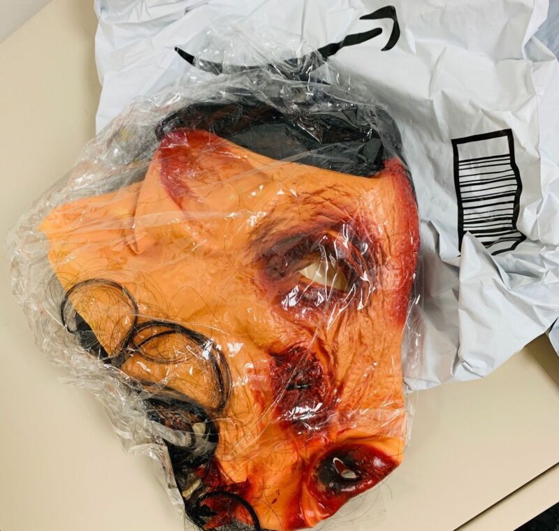 A bloody pig mask purchased on Amazon.