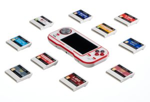 Promotional image for handheld video game device.