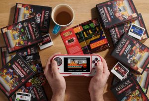 Promotional image for handheld video game device.