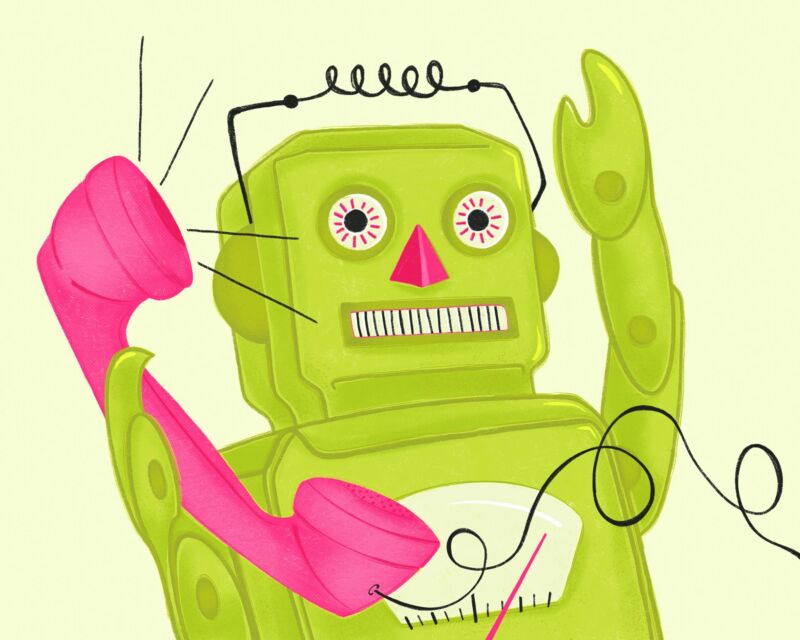 Drawing of a robot holding a telephone.