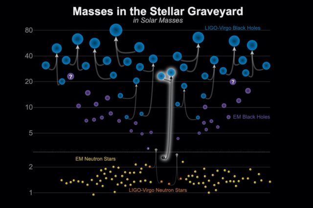 This graphic shows the masses for black holes detected through electromagnetic observations (purple), the black holes measured by gravitational-wave observations (blue), the neutron stars measured with electromagnetic observations (yellow), and the neutron stars detected through gravitational waves (orange).