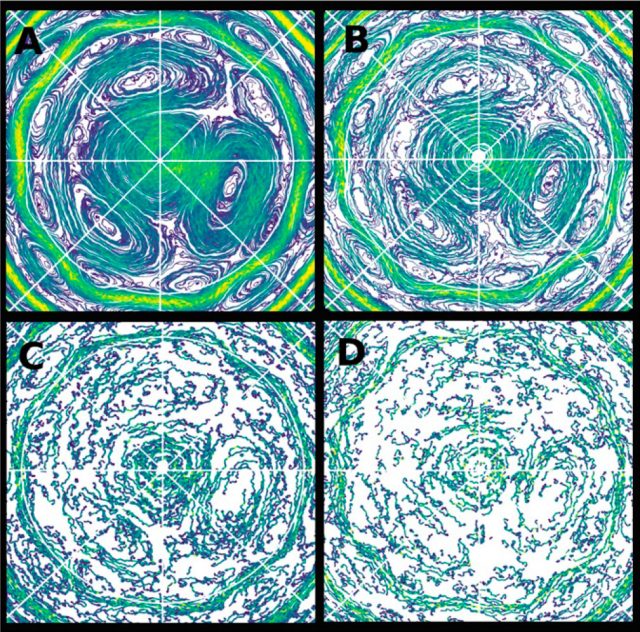 Looking down at the pole, these four slices show different levels of the atmospheric simulation. A is the deepest, D is at the top.