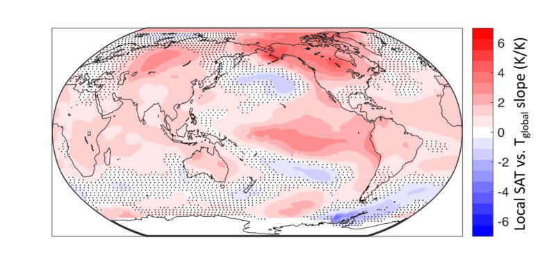 One interesting way to look at the world: the darker the red, the closer the correlation between local temperature and global mean. Blue areas tend to prefer contrarian temperatures.