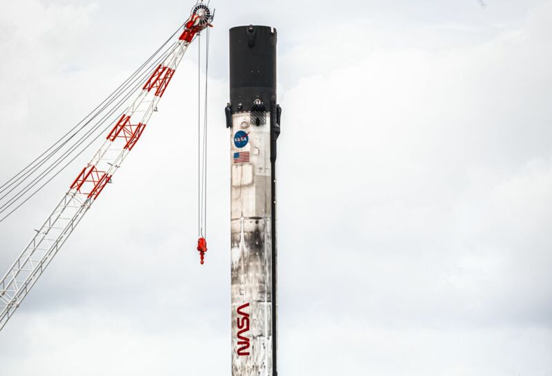 A SpaceX rocket sits on a launch pad.