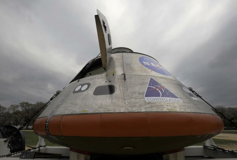 A mock-up of the Orion Crew Module is seen on Monday, March 30, 2009 during a news conference on the National Mall in Washington.
