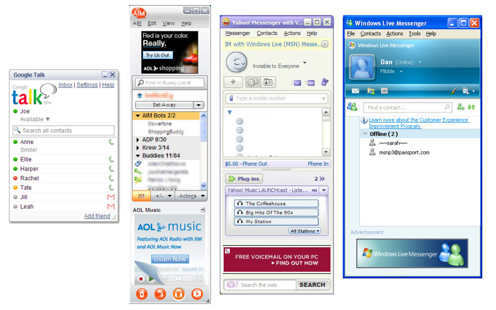 Google Talk versus its competitors from around 2005-2006. The clean UI was a major advantage. Credit: Google, <a href="https://techcrunch.com/2006/11/15/aim-60-goes-state-of-the-art/">Techcrunch,</a> <a href="http://googlesystem.blogspot.com/2006/08/why-google-talk-will-be-best-instant.html">Google OS,</a> <a href="https://wlmgined.wordpress.com/windows-live-messenger-8-5-1288/">wlmgined</a>.