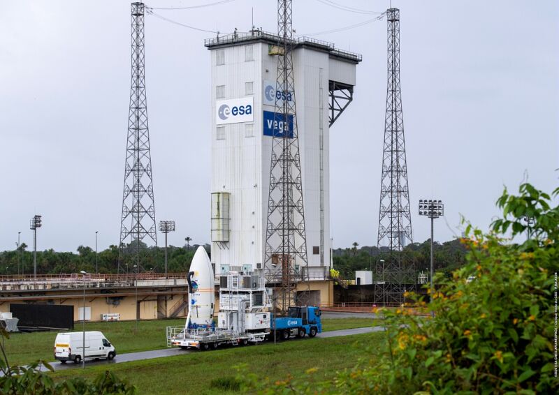 The VV16 payload is trucked to the Vega Launch Zone in French Guiana.