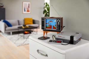 The Lego NES set on display in a room