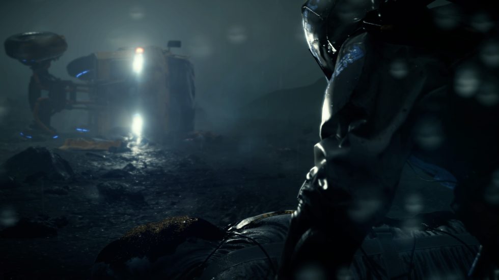 This <em>Death Stranding</em> screenshot was captured on a PlayStation 4 Pro, not on PC. Notice that sparkling bodybag at the bottom? Nvidia's DLSS method is confused by this particle effect and renders a mostly black patch in that spot, while AMD's CAS method renders it almost perfectly.