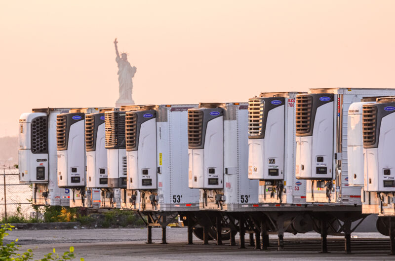 Parked trailers are lined up in a parking lot.