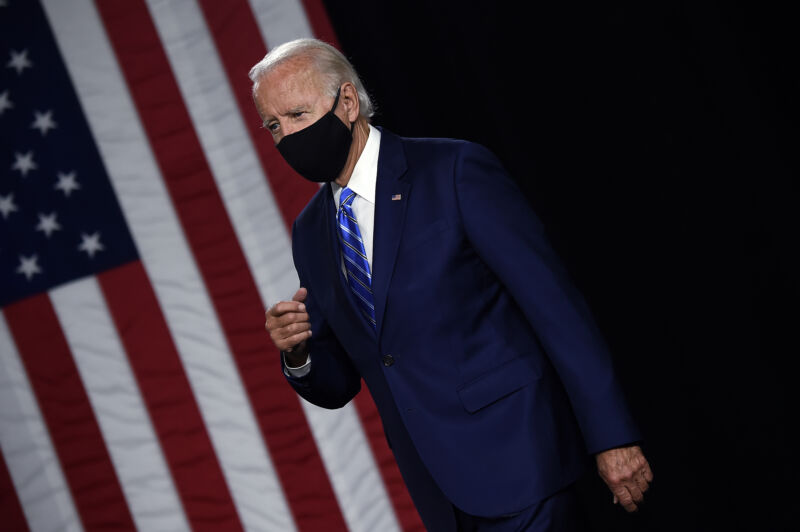 Democratic presidential candidate and former Vice President Joe Biden arrives to speak at a  "Build Back Better" Clean Energy event on July 14, 2020 at the Chase Center in Wilmington, Delaware. 