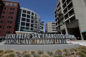 The Zuckerberg San Francisco General Hospital and Trauma Center sign that was partly covered during a 2018 demonstration.