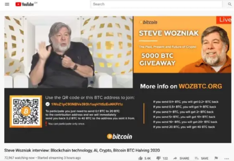 A screenshot from Wozniak's lawsuit shows a typical "Bitcoin giveaway" scam video on YouTube.