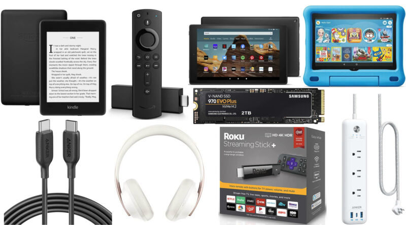 A bunch of Amazon Fire TV Kindle and Fire tablet devices are on