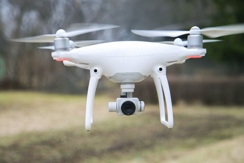 A DJI Phantom 4 quadcopter drone.