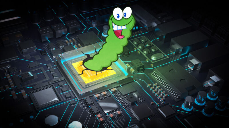 A cartoon worm bursts, smiling, from a motherboard.