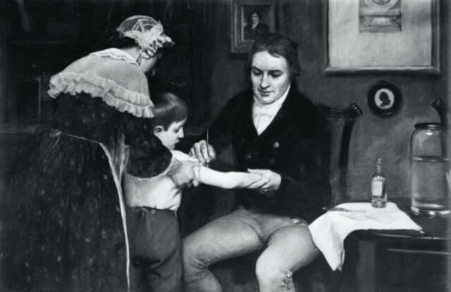 This undated painting by E. Board shows British physician Edward Jenner administering his first vaccination to eight-year-old James Phipps on May 14, 1796. 