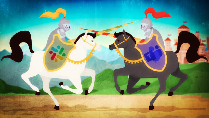 A cartoon knight with the Slack logo on his shield jousts a knight with the Microsoft logo.