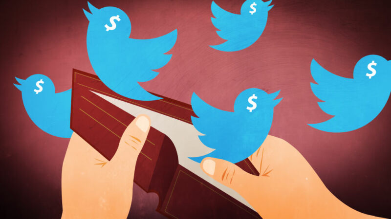 Cartoon image of Twitter-logo birds flying out of empty wallet.