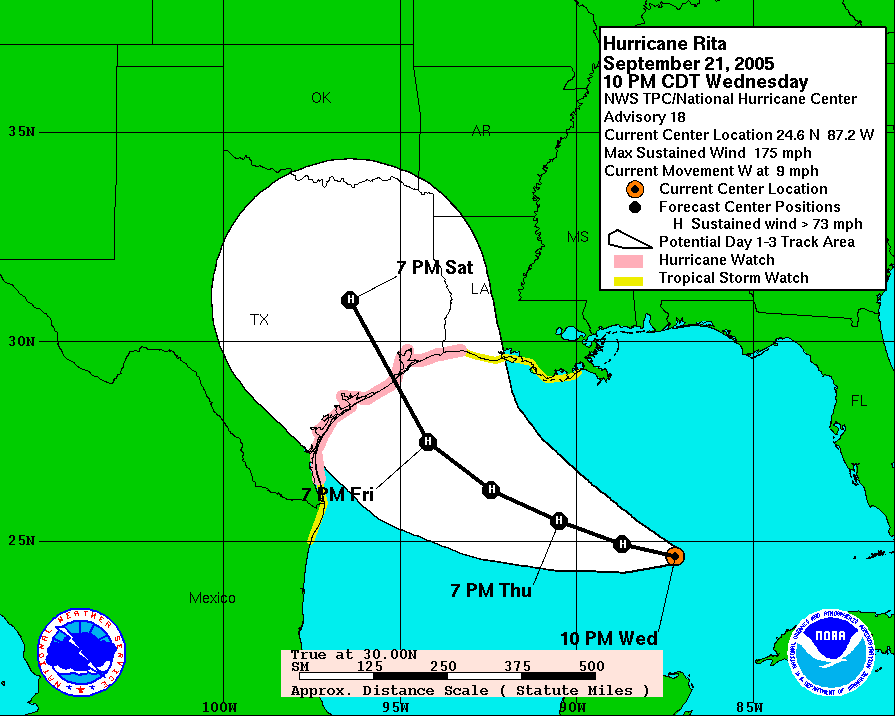 Hurricane Rita forecast for Sept 21, 2005, about 30 hours before landfall.