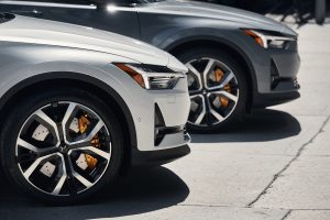 The wheels of Polestar 2s.